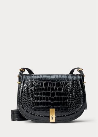 Genți de șa Ralph Lauren Polo ID cu relief croc pentru femei negre