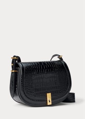 Genți de șa Ralph Lauren Polo ID cu relief croc pentru femei negre
