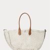 Genți de tote Bellport mari, croșetate, cu ornamente din piele Ralph Lauren, Parchment Cream