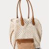 Genți de tote Bellport mari, croșetate, cu ornamente din piele Ralph Lauren, Parchment Cream