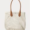 Genți de tote Bellport mari, croșetate, cu ornamente din piele Ralph Lauren, Parchment Cream