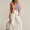 Genți de tote Bellport mari, croșetate, cu ornamente din piele Ralph Lauren, Parchment Cream
