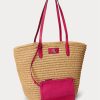 Genți de tote Brie mari din paie Ralph Lauren pentru femei, natural/roz sport