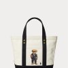 Genți de tote pentru femei Ralph Lauren, ecru/negru, din pânză, ursuleț polo mici