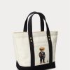 Genți de tote pentru femei Ralph Lauren, ecru/negru, din pânză, ursuleț polo mici