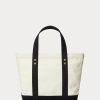 Genți de tote pentru femei Ralph Lauren, ecru/negru, din pânză, ursuleț polo mici
