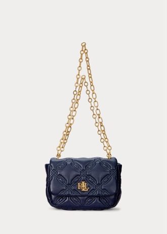 Genți de umăr medii din piele Nappa matlasată Ralph Lauren pentru femei, rafinate bleumarin
