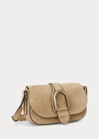 Genți de umăr Ralph Lauren, din piele de căprioară, kaki, pentru femei