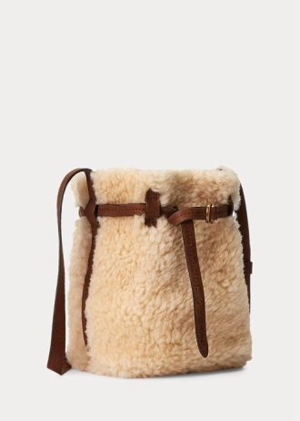 Genți găleți mini Bellport din shearling Ralph Lauren Honey/crem pentru femei