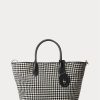 Genți tote Bellport medii Ralph Lauren Houndstooth pentru femei, negre/albe