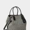 Genți tote Bellport medii Ralph Lauren Houndstooth pentru femei, negre/albe