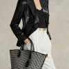 Genți tote Bellport medii Ralph Lauren Houndstooth pentru femei, negre/albe