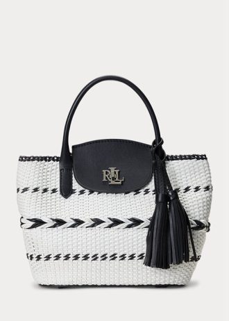Genți tote mari Perri din piele împletită cu geo-motiv Ralph Lauren, negre/albă ca zăpadă
