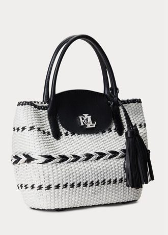Genți tote mari Perri din piele împletită cu geo-motiv Ralph Lauren, negre/albă ca zăpadă