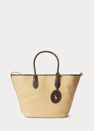 Genți tote medii Bellport cu paie, cu finisaje din piele Ralph Lauren, natural pentru femei