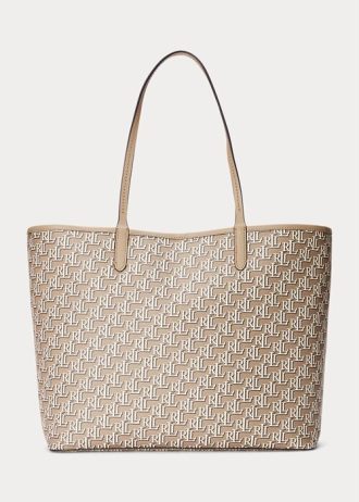 Genți tote medii Collins din pânză acoperită Ralph Lauren Light Camel pentru femei