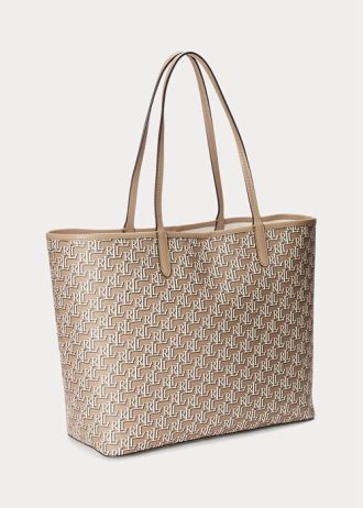 Genți tote medii Collins din pânză acoperită Ralph Lauren Light Camel pentru femei