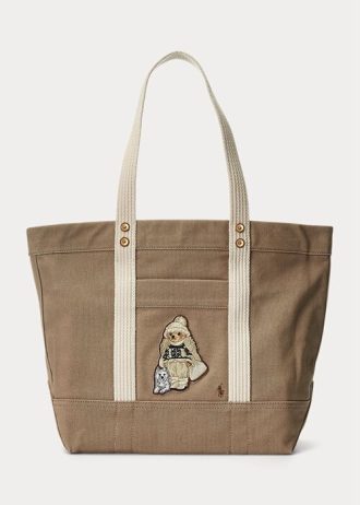 Genți tote medii din pânză Ralph Lauren Madison Tan pentru femei