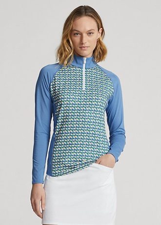Hanorac albastru din jerseu cu imprimeu Ralph Lauren, cu fermoar sfert