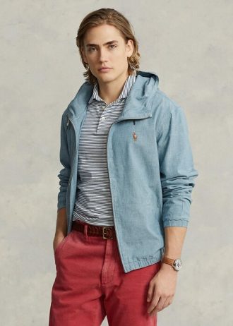 Jachete albastre pentru bărbați Ralph Lauren Indigo Chambray cu glugă