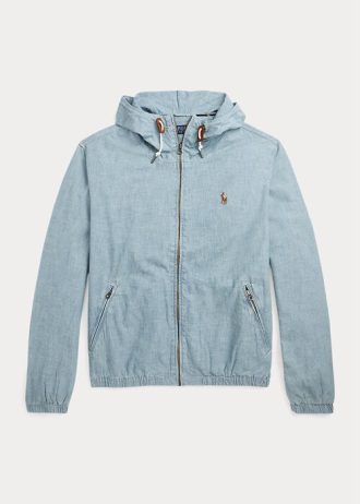 Jachete albastre pentru bărbați Ralph Lauren Indigo Chambray cu glugă