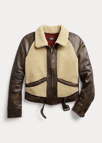 Jachete din piele cu panouri din shearling Ralph Lauren pentru femei negre/crem Jachete din piele cu panouri din shearling Ralph Lauren pentru femei negre/crem