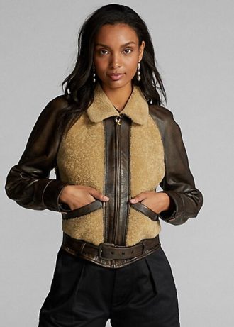 Jachete din piele cu panouri din shearling Ralph Lauren pentru femei negre/crem Jachete din piele cu panouri din shearling Ralph Lauren pentru femei negre/crem