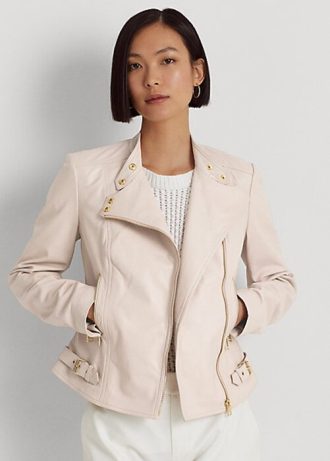 Jachete moto din piele de miel Ralph Lauren pentru femei roz
