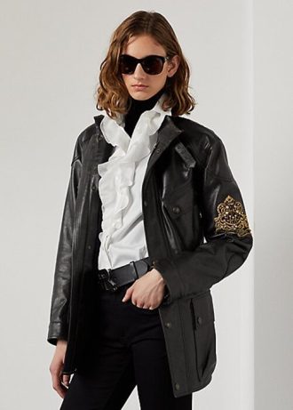 Jachete moto din piele de vițel Ralph Lauren Cadena pentru femei negre