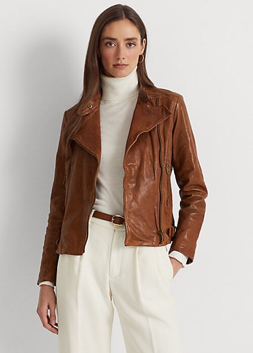 Jachete moto din piele maro închis pentru femei Ralph Lauren Jachete moto din piele maro închis pentru femei Ralph Lauren