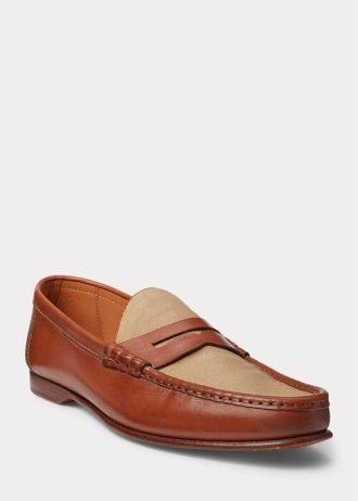 Maro pentru bărbați Ralph Lauren Chalmers din piele de vițel și amp; Mocasini Penny din pânză