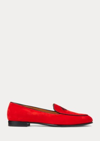 Mocasini roșii de damă Ralph Lauren, brodați Laurel, din piele de capră Mocasini roșii de damă Ralph Lauren, brodați Laurel, din piele de capră