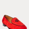 Mocasini roșii de damă Ralph Lauren, brodați Laurel, din piele de capră