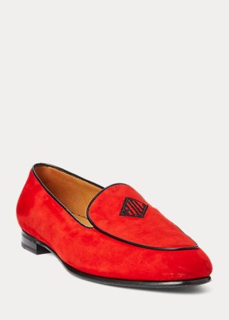 Mocasini roșii de damă Ralph Lauren, brodați Laurel, din piele de capră Mocasini roșii de damă Ralph Lauren, brodați Laurel, din piele de capră