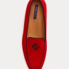 Mocasini roșii de damă Ralph Lauren, brodați Laurel, din piele de capră