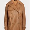 Paltoane maro din piele nappa Ralph Lauren de damă