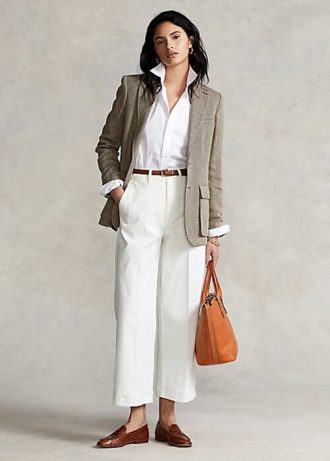 Pantaloni albi Ralph Lauren Chino cu picioare largi de damă