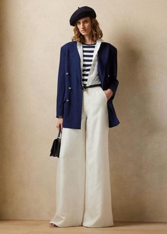 Pantaloni albi Ralph Lauren Elaine din mătase Shantung, cu picioare largi