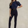 Pantaloni de damă din piele de miel Ralph Lauren din piele de căprioară bleumarin Pantaloni de damă din piele de miel Ralph Lauren din piele de căprioară bleumarin