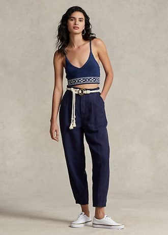 Pantaloni de damă din twill cu pliuri din amestec de in Ralph Lauren bleumarin
