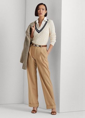 Pantaloni de damă kaki Ralph Lauren din sarg din amestec de lână