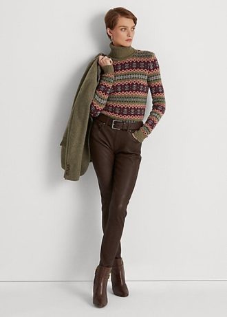 Pantaloni de damă maro Ralph Lauren din piele Nappa skinny la gleznă