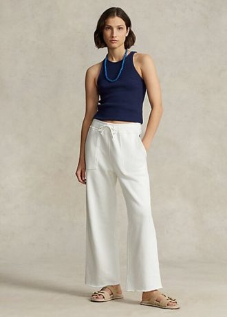 Pantaloni de sport albi din lână Ralph Lauren cu toc tăiat pentru femei