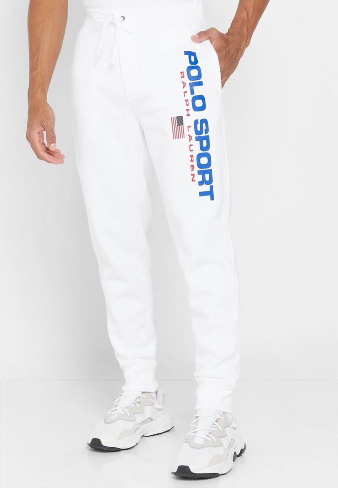 Pantaloni de trening albi cu logo Ralph Lauren pentru bărbați Pantaloni de trening albi cu logo Ralph Lauren pentru bărbați