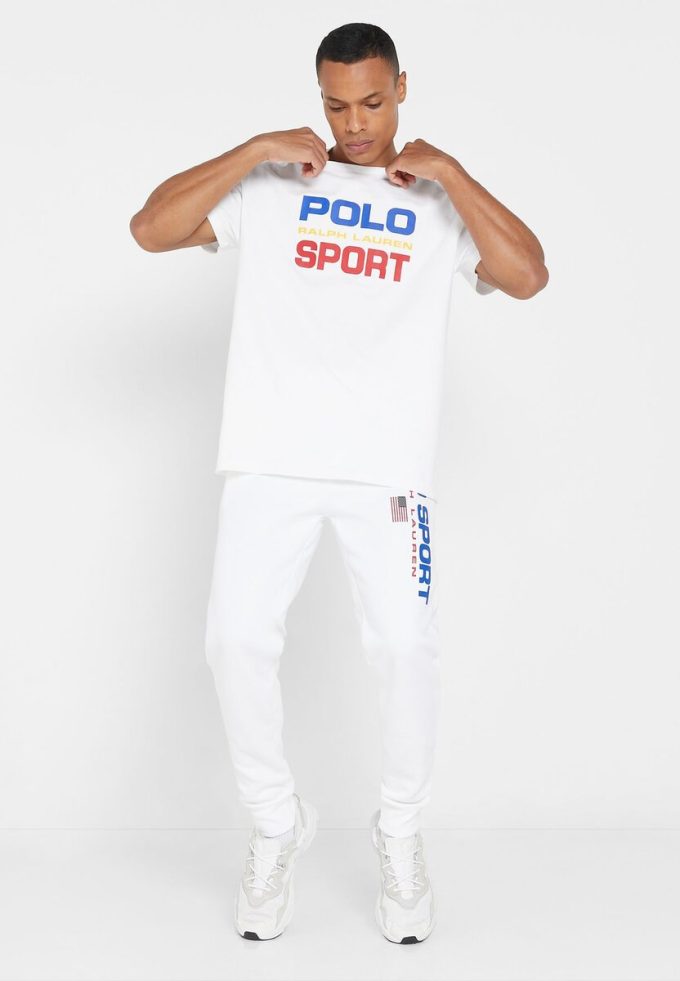 Pantaloni de trening albi cu logo Ralph Lauren pentru bărbați Pantaloni de trening albi cu logo Ralph Lauren pentru bărbați