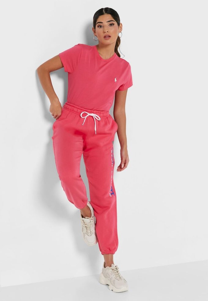 Pantaloni de trening pentru femei Ralph Lauren cu talie înaltă, glezne, roz Pantaloni de trening pentru femei Ralph Lauren cu talie înaltă, glezne, roz