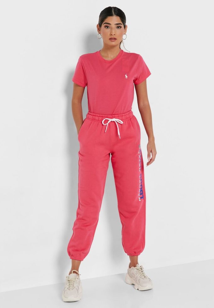 Pantaloni de trening pentru femei Ralph Lauren cu talie înaltă, glezne, roz Pantaloni de trening pentru femei Ralph Lauren cu talie înaltă, glezne, roz