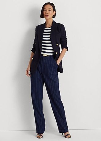 Pantaloni drepti din twill cu dungi Ralph Lauren pentru femei, bleumarin/alb Pantaloni drepti din twill cu dungi Ralph Lauren pentru femei, bleumarin/alb