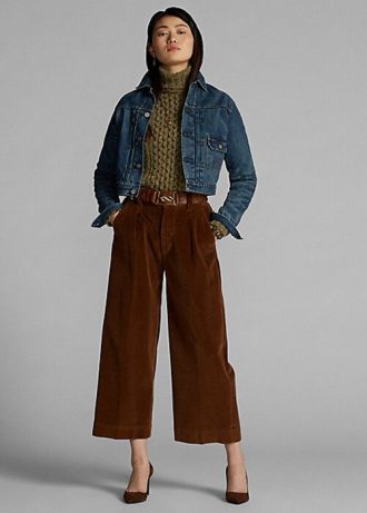 Pantaloni largi din velur cropped Ralph Lauren maro pentru femei
