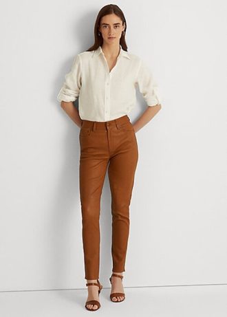 Pantaloni skinny cu talie înaltă din piele Ralph Lauren maro pentru femei
